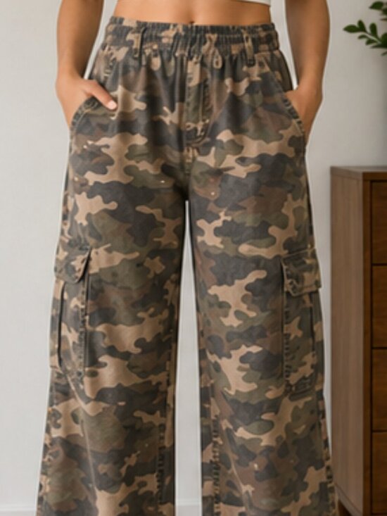 No Boundaries Pants - Camo Cargo Pants Wide Leg High Waist Utility Streetwear